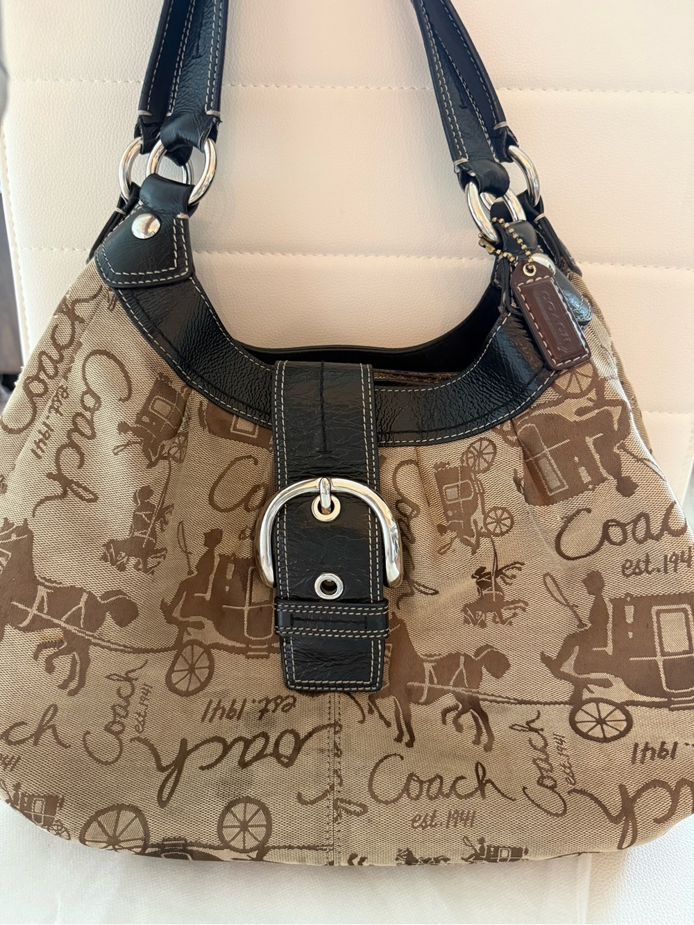 Coach Brown Signature Canvas Shoulder Bag with Black Leather Trim